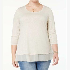 Style & Co Womens T-Shirt Top Plus 0X 3X Beige Chiffon Hem 3/4 Sleeve Crewneck